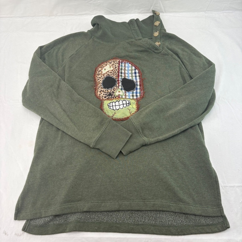 J.Crew Womens Olive Green Skull Patch upcycled Funnel Neck Fleece Sweatshirt S